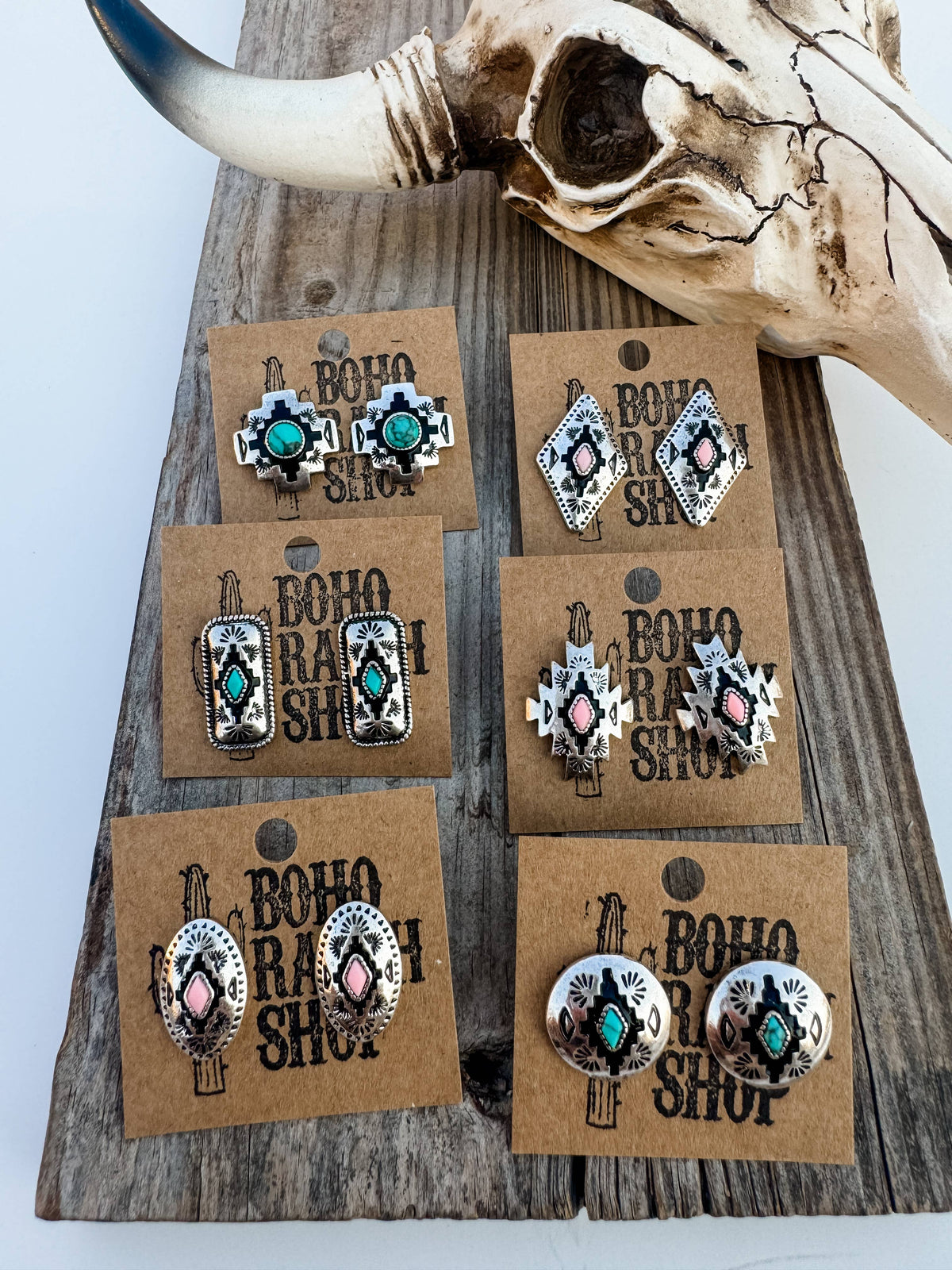 Western Hand Stone Aztec Post Earrings - turquoise pink