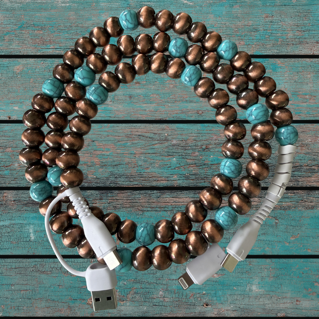 Copper Cowboy Pearl and Turquoise 4-in1 Beaded Fast Charging Cable