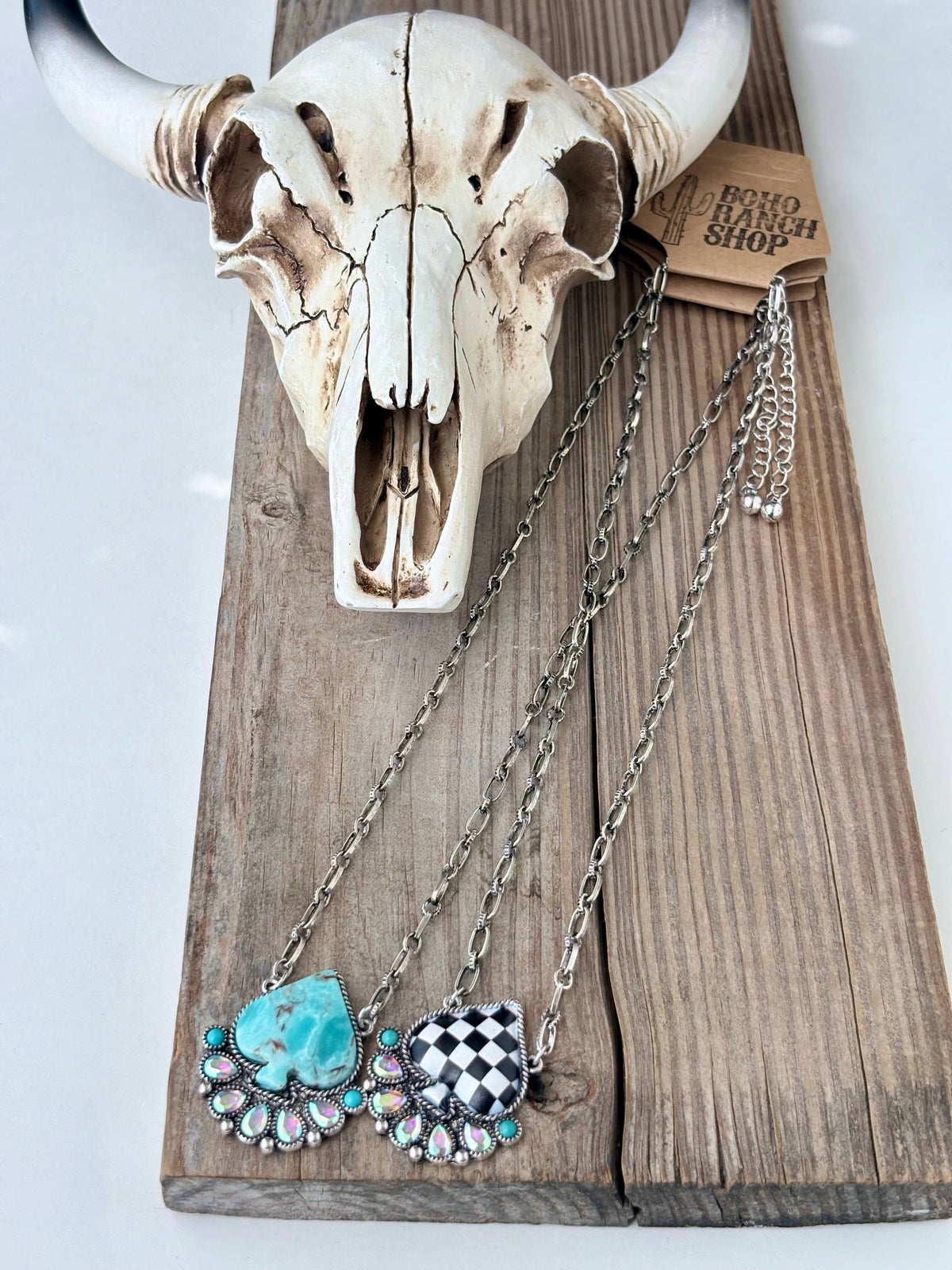 Checker Spade Turquoise Stone Rhinestone Pendant Necklace