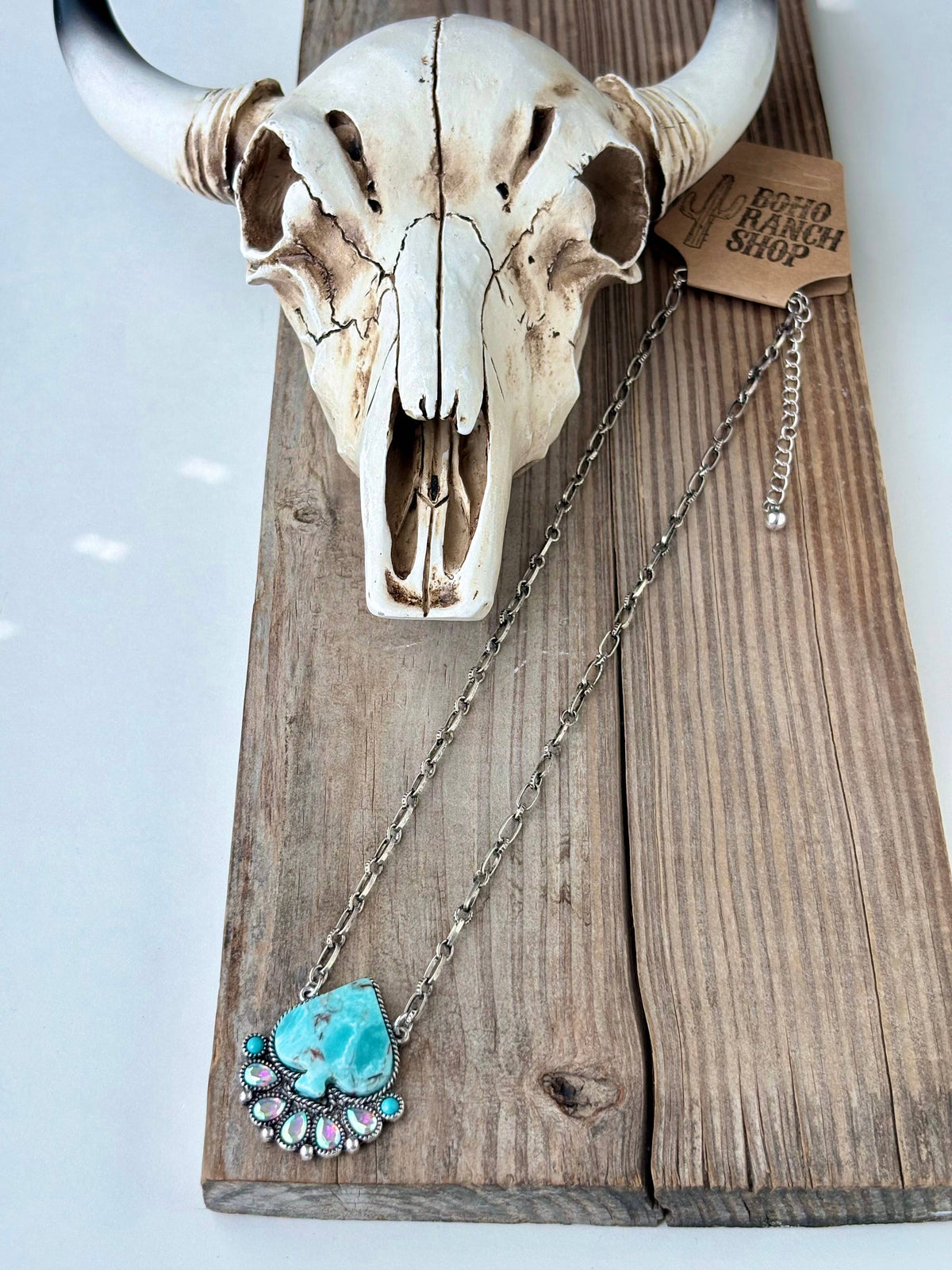 Checker Spade Turquoise Stone Rhinestone Pendant Necklace