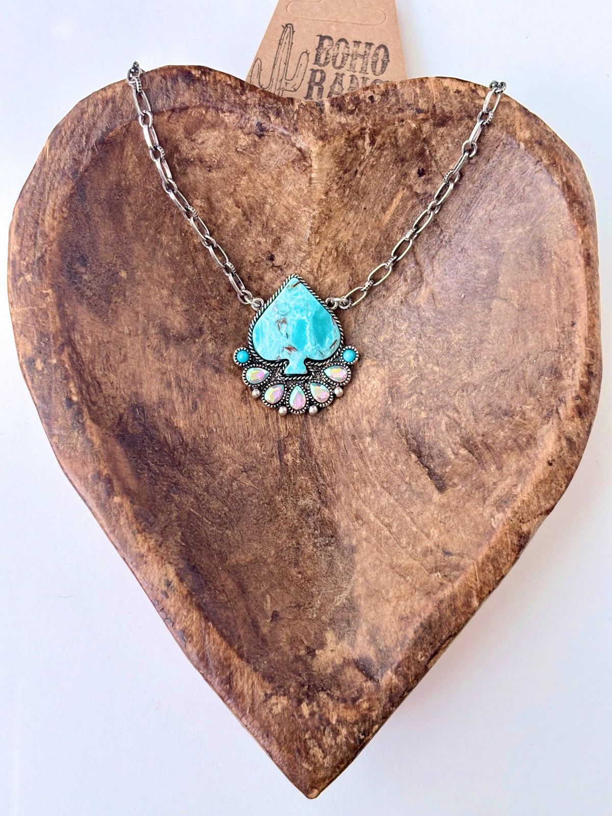 Checker Spade Turquoise Stone Rhinestone Pendant Necklace