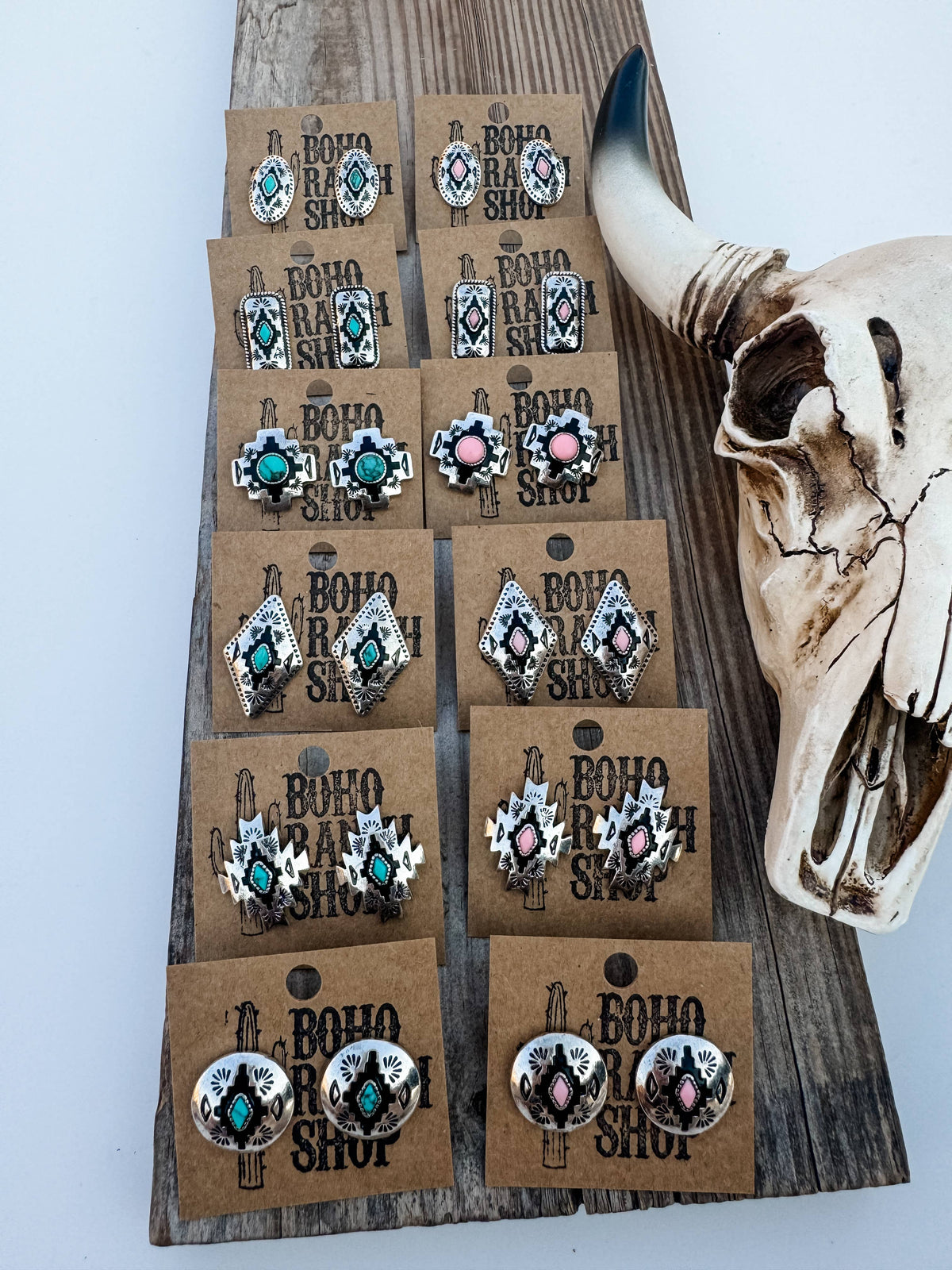Western Hand Stone Aztec Post Earrings - turquoise pink