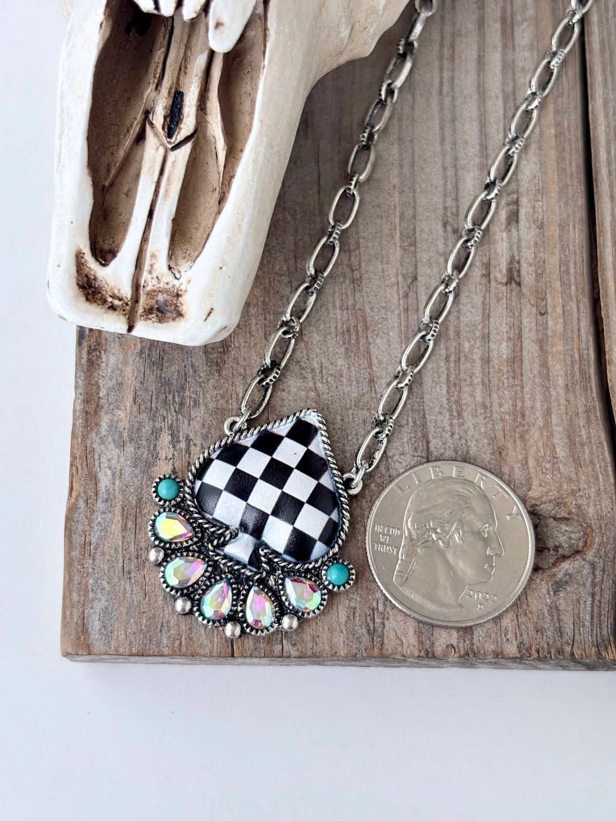 Checker Spade Turquoise Stone Rhinestone Pendant Necklace
