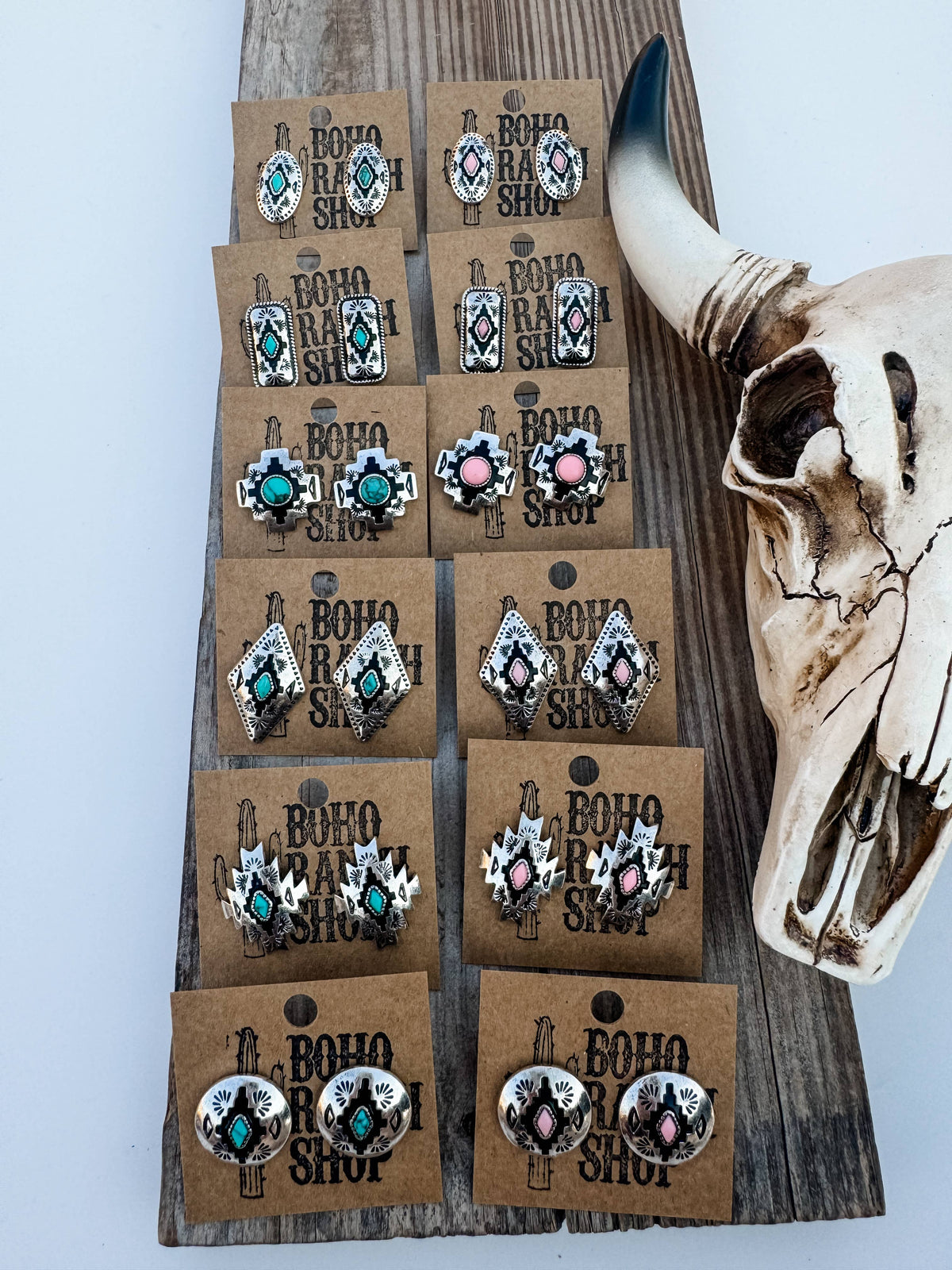 Western Hand Stone Aztec Post Earrings - turquoise pink